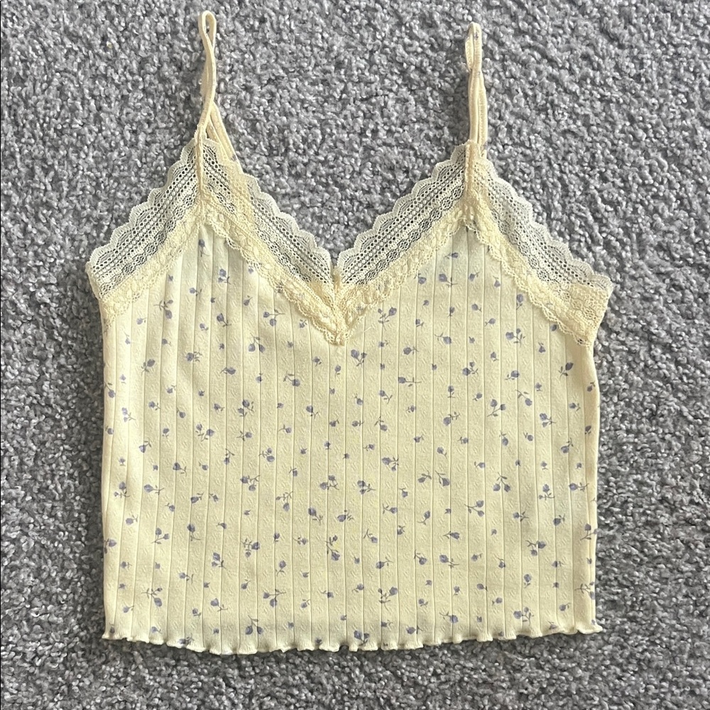 No Boundaries Pale Yellow Floral Ribbed Lace Cami